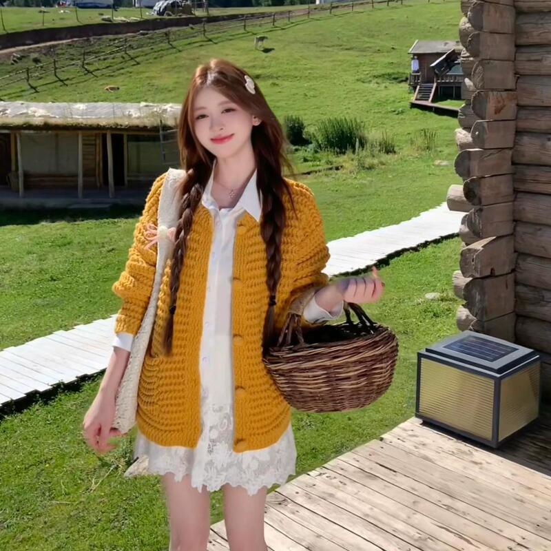 Forest-Style Retro Yellow Sweater Cardigan for Women 2026 Early Autumn New Casual Loose Lazy Style Knitted Jacket Top Forest-Style Retro Yellow Sweater Cardigan for Women 2026 Early Autumn New Casual Loose Lazy Style Knitted Jacket Top