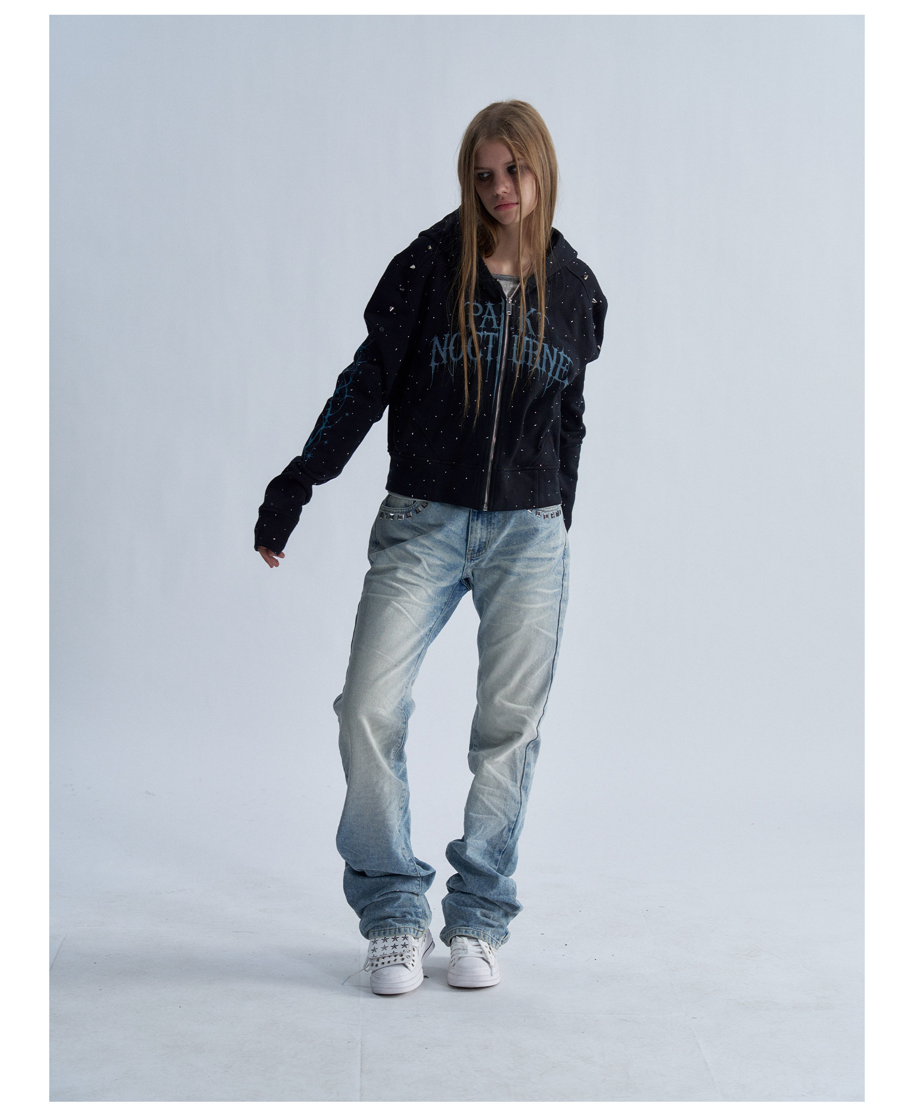 PAIKI Starry Sky Thorn Rhinestone Zip-Up Sweatshirt