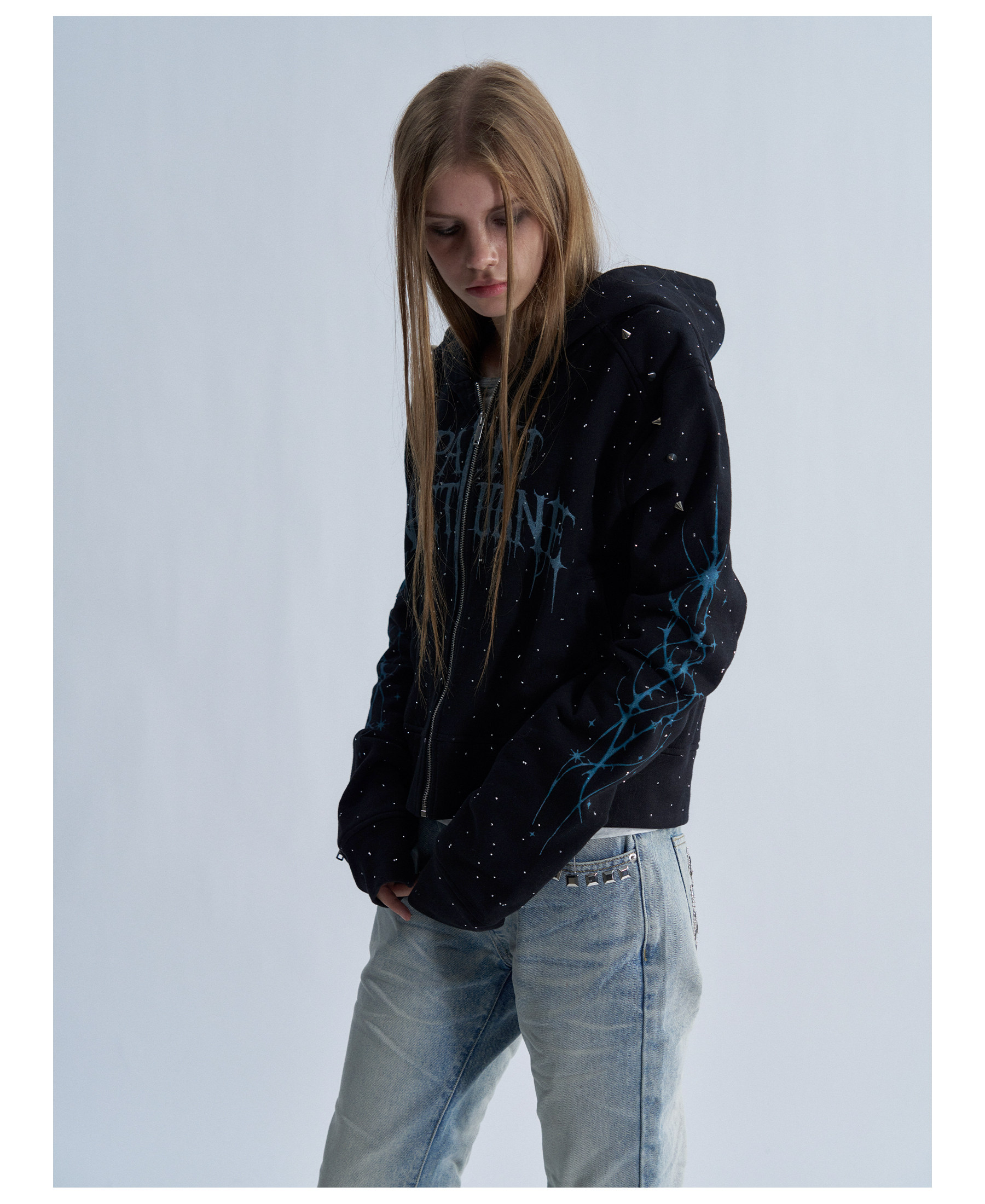 PAIKI Starry Sky Thorn Rhinestone Zip-Up Sweatshirt