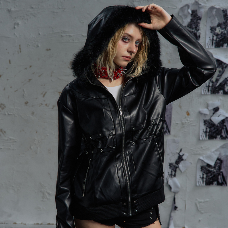 Paiki'Song of Weaving' Cross-Tie Leather Jacket with Fur Collar, Hooded Slim-Fit Sweatshirt, Visual Style Jacket for Men and Women