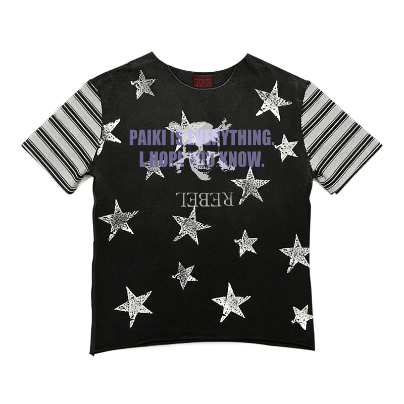 Paiki Star Skull Stripe Subculture Visual Style Summer Trendy Regular Shoulder Round Neck Sorona T-Shirt Short Sleeve Unisex