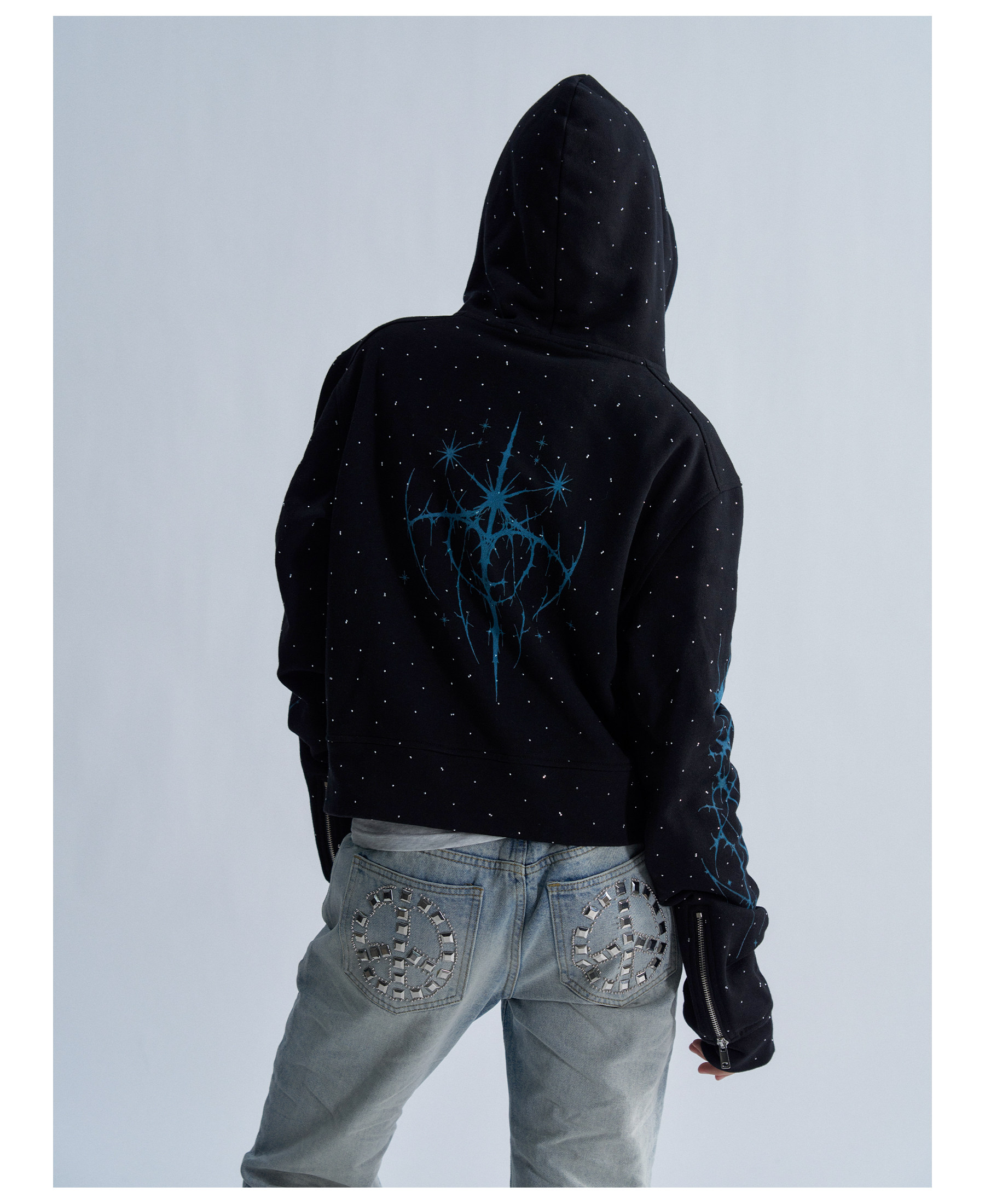 PAIKI Starry Sky Thorn Rhinestone Zip-Up Sweatshirt