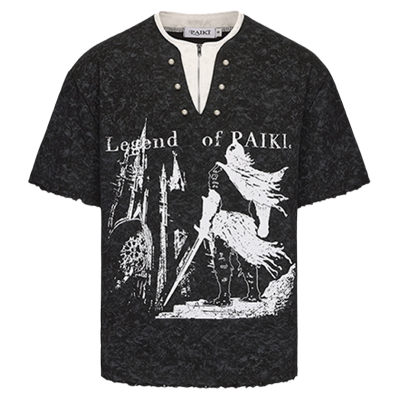 Paiki2025Ss'Class' Knight's Castle Henry Collar Pearl Button Distressed Fake Two-Piece Short Sleeve T-Shirt for Men and Women Paiki2025Ss'Class' Knight's Castle Henry Collar Pearl Button Distressed Fake Two-Piece Short Sleeve T-Shirt for Men and Women