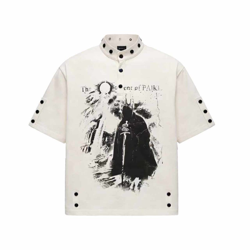 Paiki Demon Castle Print Studded Casual Stand Collar Versatile Casual Popular Short Sleeve Sorona T-Shirt for Men and Women