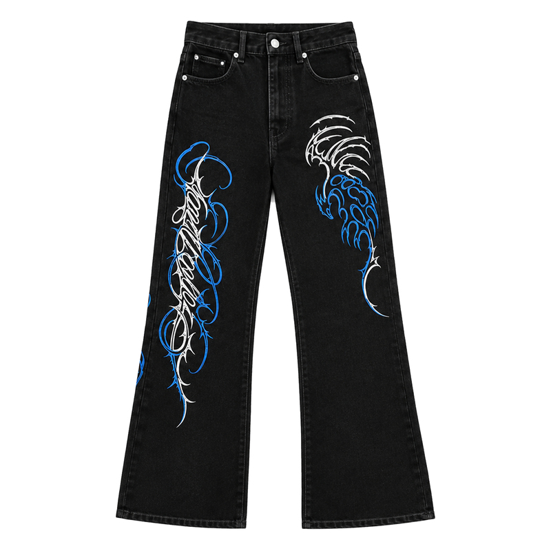 Paiki Ice Blue Thorn Flower Embroidery Jeans Black Raw Denim Pants Street Subculture Flared Straight Pants Paiki Ice Blue Thorn Flower Embroidery Jeans Black Raw Denim Pants Street Subculture Flared Straight Pants