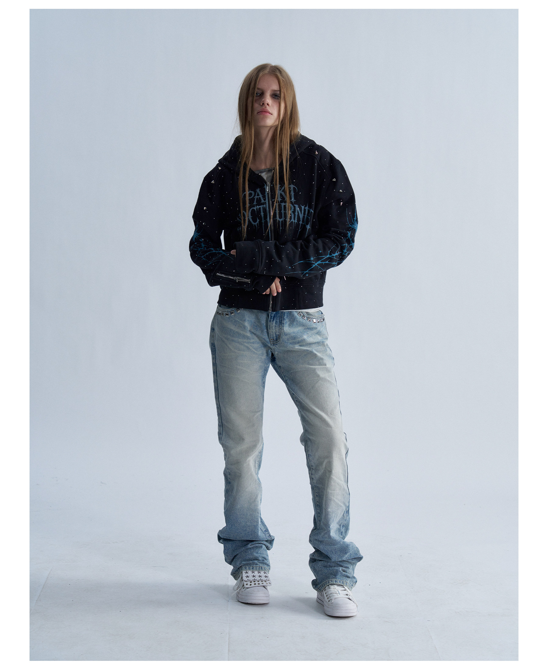 PAIKI Starry Sky Thorn Rhinestone Zip-Up Sweatshirt
