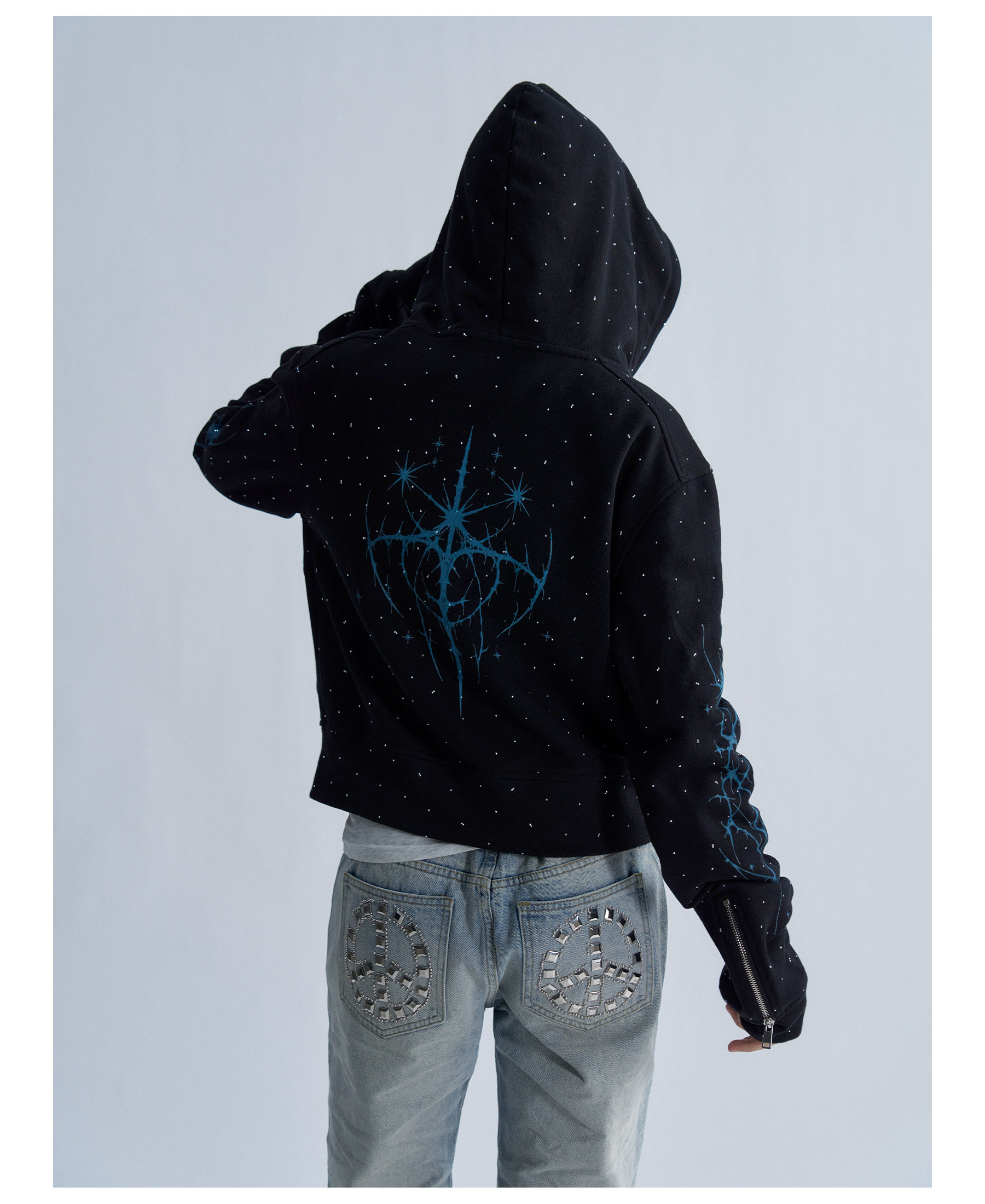 PAIKI Starry Sky Thorn Rhinestone Zip-Up Sweatshirt