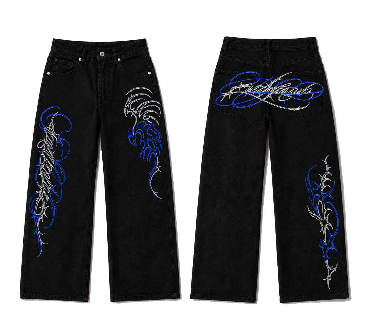 PAIKI Ice Blue Thorn Embroidered 13oz Straight-Leg Jeans