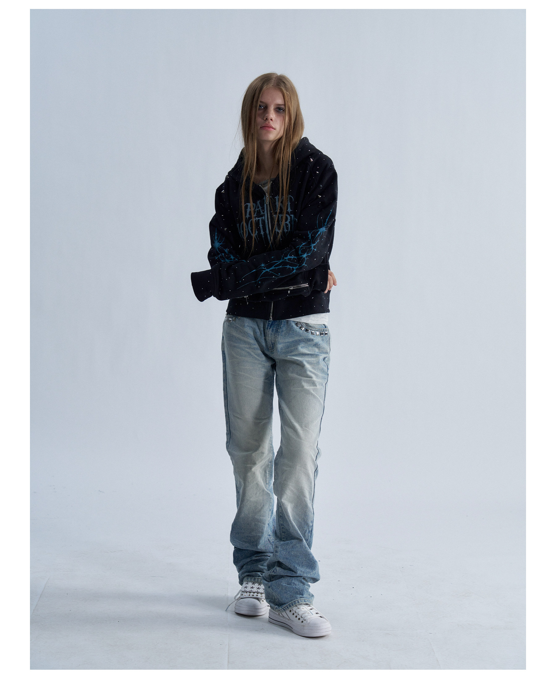 PAIKI Starry Sky Thorn Rhinestone Zip-Up Sweatshirt