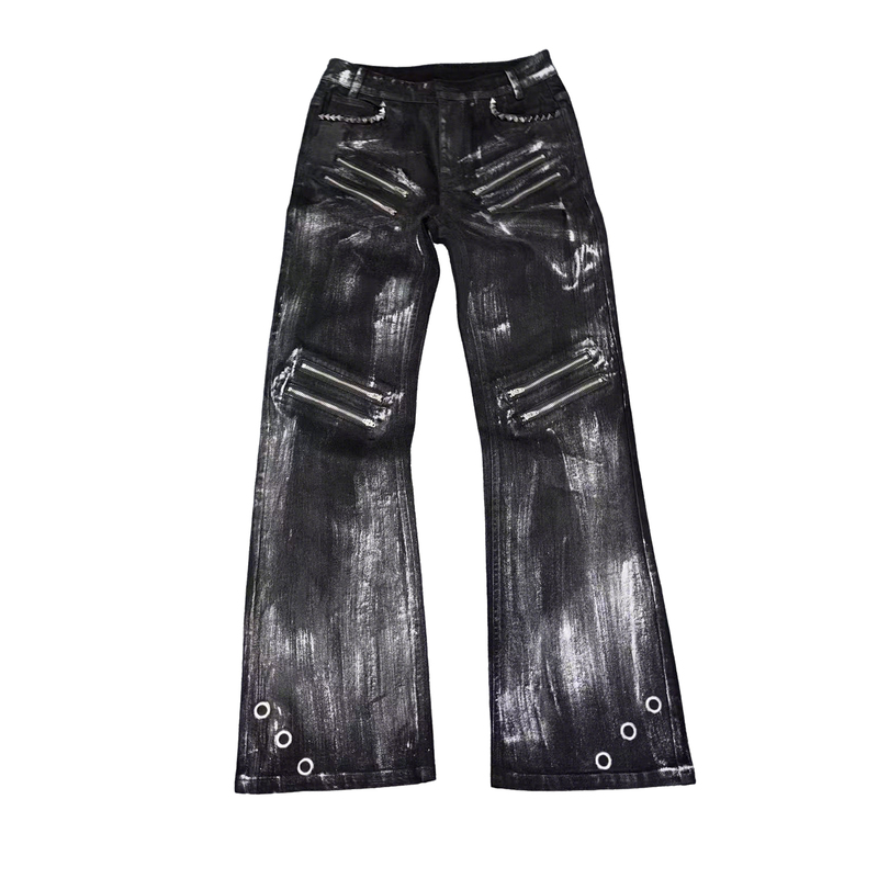 Paiki Silver-Brushed Waxed Heavy-Duty Zipper Rivet Washed Vintage Jeans Black Skinny Visual Style Long Pants Unisex