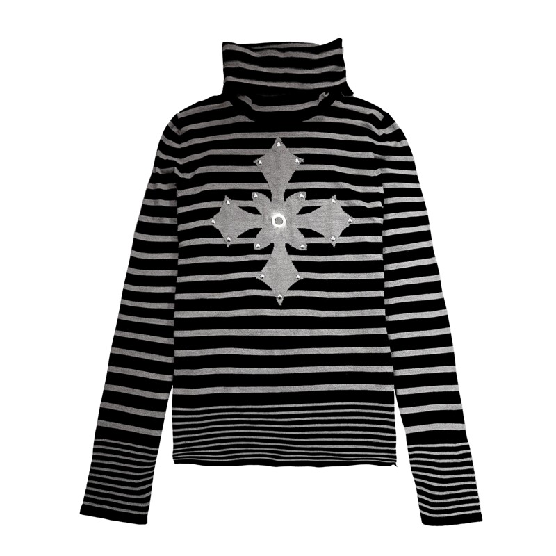 Paiki'Holy Feather Ember' Dark Domain Cross Rivet Striped Turtleneck Sweater Versatile Base Layer Long Sleeve Winter Unisex