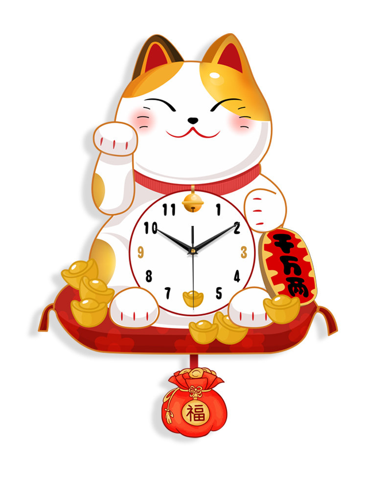 Lucky Cat Clock Wall Clock Living Room Home Clock Creative Clock Wall Decoration Silent Wall Clock Cartoon Quartz Clock