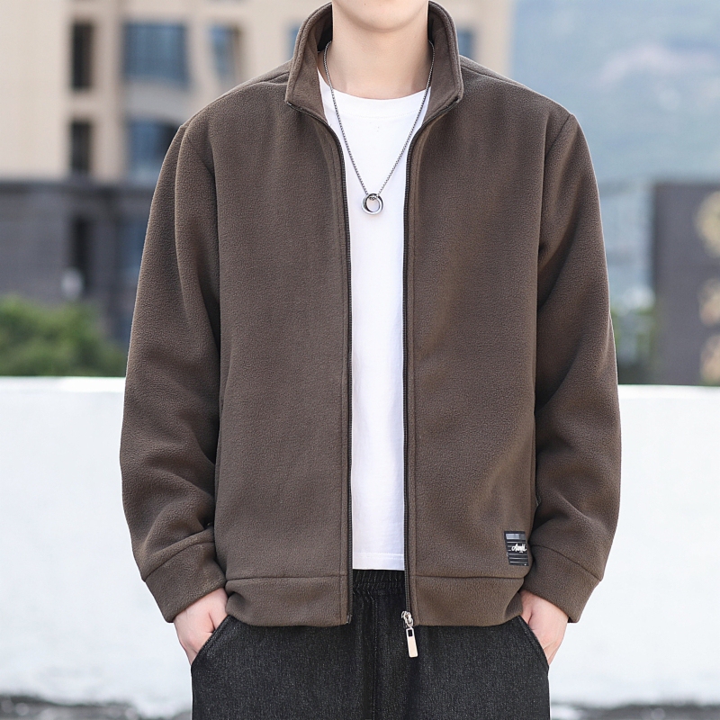 Men's Spring and Autumn Fleece-Lined Thickened Stand-Up Collar Jacket Casual Cardigan Fleece Sweatshirt Loose Polar Fleece Warm Coat