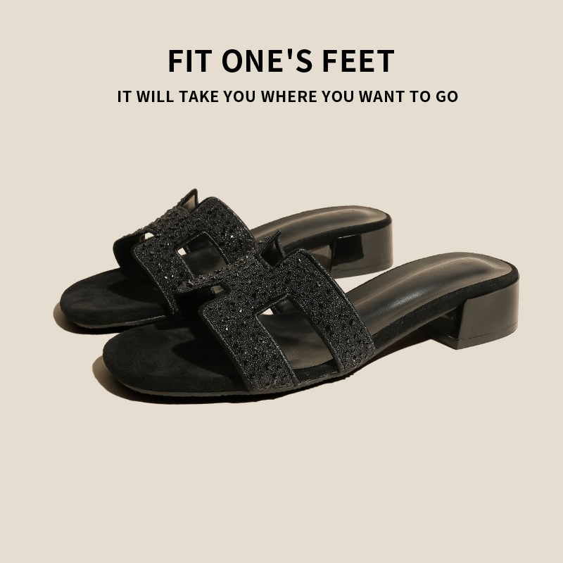 Sheepskin Version ~ Chunky Heel 3cm Sandals 2026 Model Rhinestone Slip-On Slippers for Women, Summer Outdoor Versatile Beach Sandals