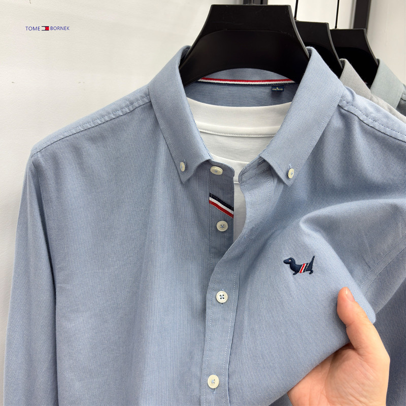 Tommy Hilfiger Men's Collared Lyocell Cotton Shirt, New American-Style Casual Embroidered Non-Iron Shirt for Spring and Autumn