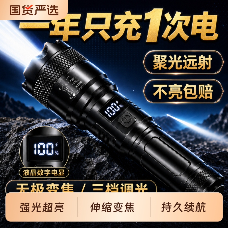 Rechargeable Flashlight with Strong Light, Outdoor Ultra-Bright Long-Range Portable White Laser Zoom Flashlight for Home Use, Emergency Waterproof