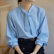 Blue) milk tea shirt autumn 2023 French retro lace-up long-sleeved temperament top