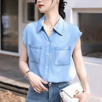 2024 Retro Denim Vest Lightweight Cotton Top Womens Summer Versatile Commuting Korean Sleeveless Shirt Womens Clothing