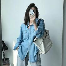 Tencel denim shirt versatile womens 2022 spring and autumn new Hong Kong style retro temperament Hong Kong style design top