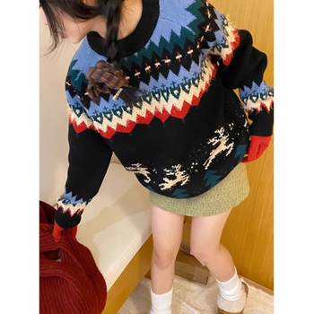 2024 Fair Isle Sweater ຂອງແມ່ຍິງດູໃບໄມ້ລົ່ນແລະລະດູຫນາວປີໃຫມ່ຂອງປີສັດມັງກອນເຄື່ອງນຸ່ງຫົ່ມວັນຄຣິດສະມາດປີໃຫມ່ສີແດງ Jersey ເທິງ