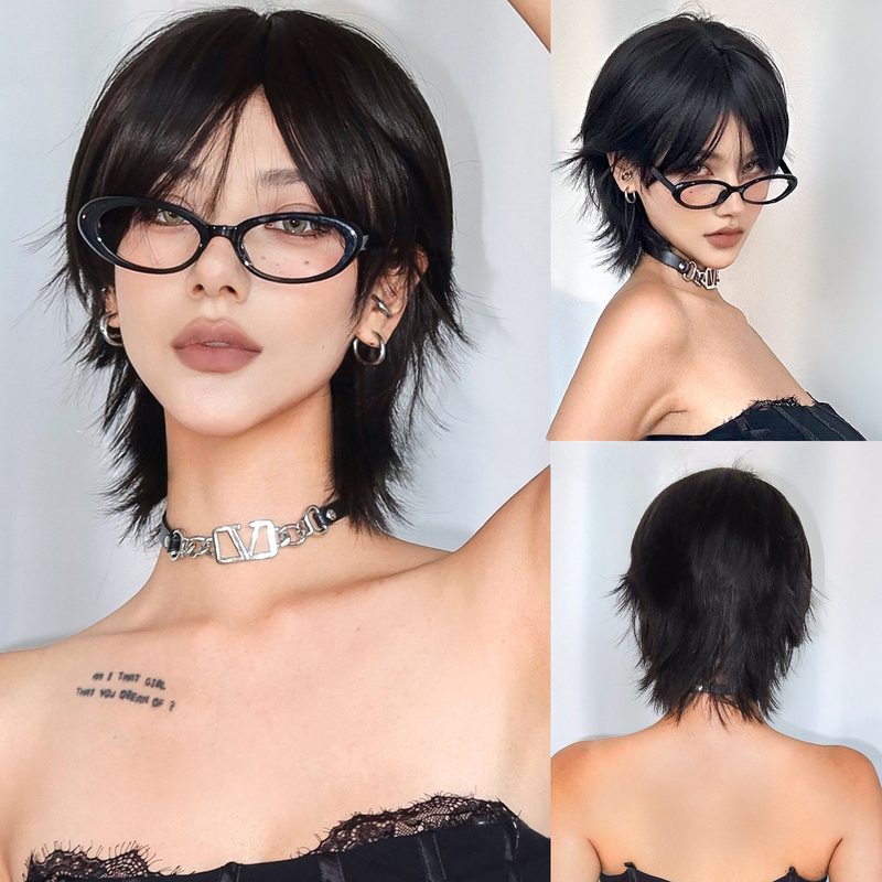 Ji Quan Tian Cai Wig for Women, Short T-Style Hair with High-Layered Bangs, Black Short Hair, High-Temperature Synthetic Fiber Wig