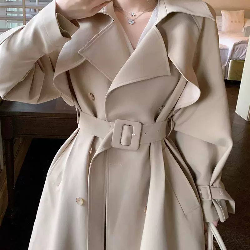 Бежевое trench coat, длинное осеннее пальто, средняя длина, корейский стиль, для подростков, британский стиль