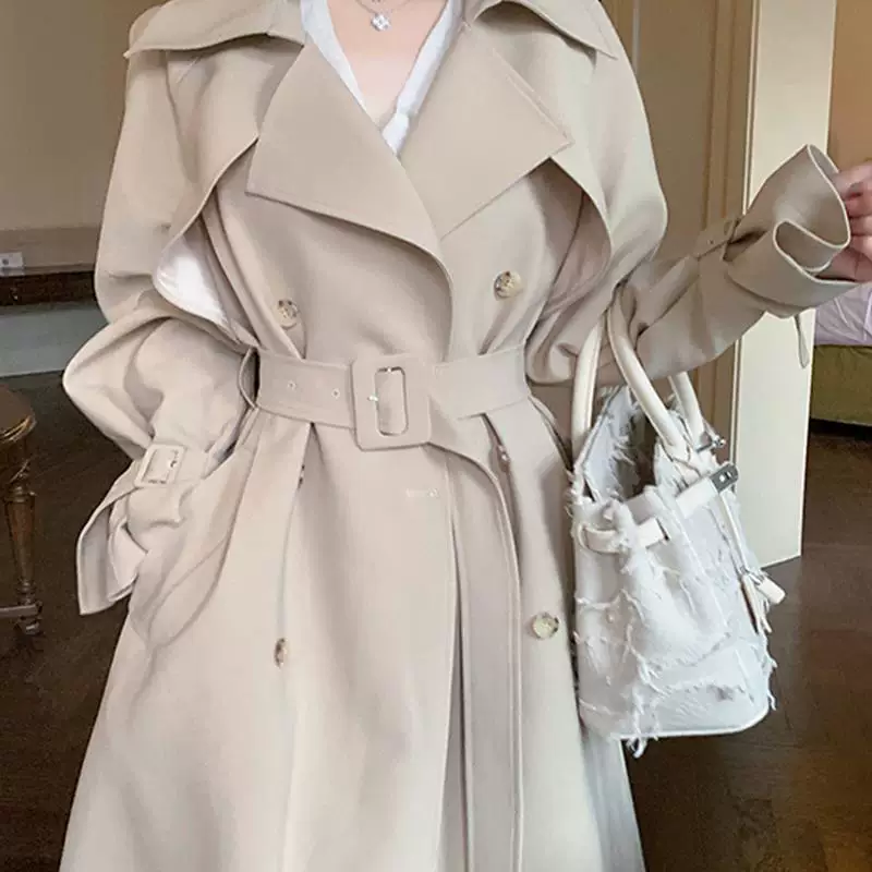 Бежевое trench coat, длинное осеннее пальто, средняя длина, корейский стиль, для подростков, британский стиль