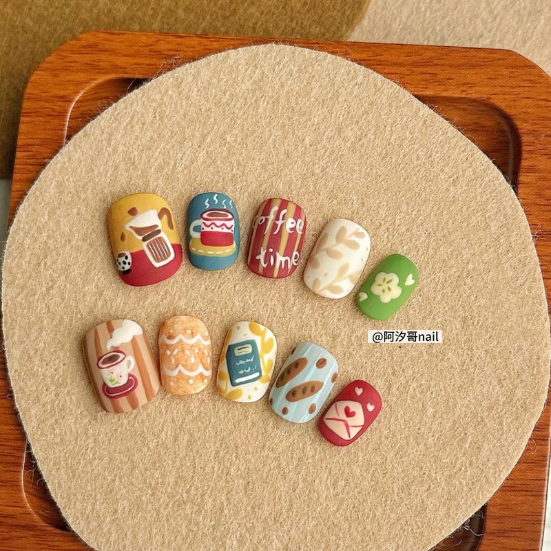 Purely Handmade Wearable Nails, Autumn and Winter Caramel Color, Cute Cartoon Hand-Painted Nail Patches, Removable Fake Nails, Short Style Purely Handmade Wearable Nails, Autumn and Winter Caramel Color, Cute Cartoon Hand-Painted Nail Patches, Removable Fake Nails, Short Style