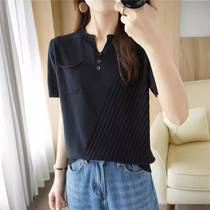 Pure cotton short-sleeved 2024 new summer womens half-open round neck ice silk shirt with sweet style and slimming short bottoming shirt