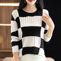 Worsted Thin Wool Sweater Womens Round Neck Hollow Color Blocking Bottoming Shirt Gentle Wind Loose Slim Long Sleeve Spring and Autumn Top