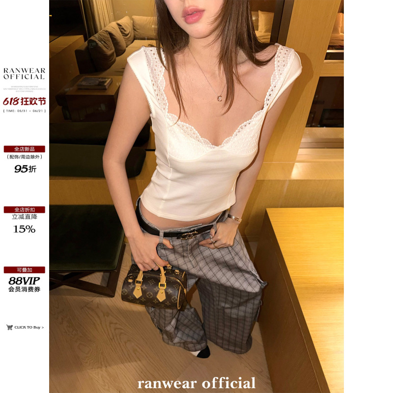 Ranwear'Marilyn Monroe' French-Style Heavy Lace Patchwork Low-Cut V-Neck Slim-Fit Figure-Flattering Short-Sleeve Top