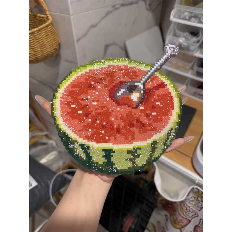 Trendy Car Hanging Ornament: Summer Iced Watermelon Finished Product, Purely Handmade Cartoon Pixel Keychain Trendy Car Hanging Ornament: Summer Iced Watermelon Finished Product, Purely Handmade Cartoon Pixel Keychain