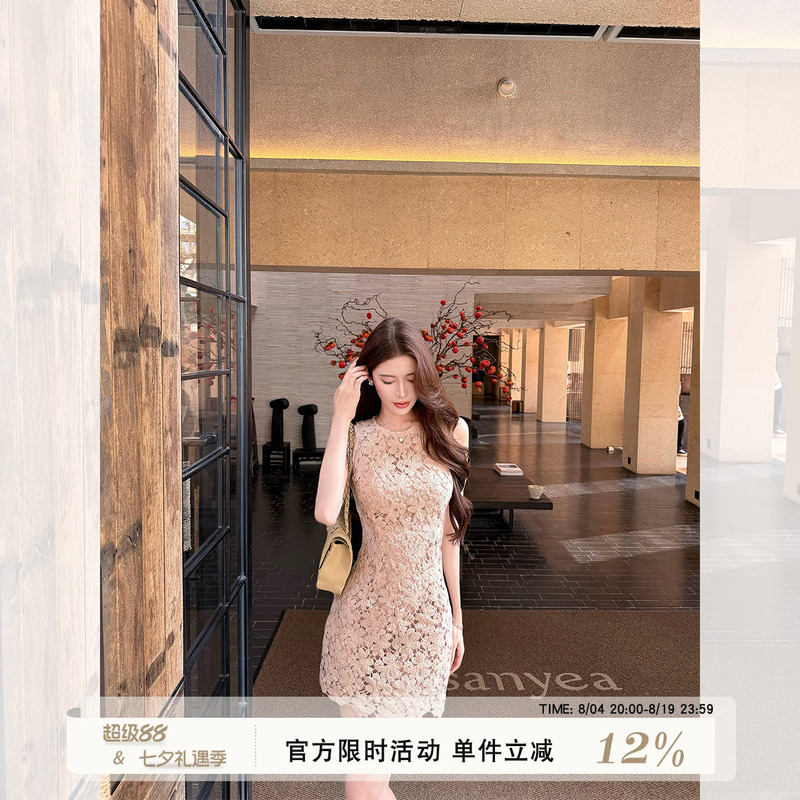 Hecheng Lace Jacquard Round Neck Sleeveless Vest Dress for Women, New Summer Style, Elegant Waist-Cinching Slimming Bodycon Short Skirt