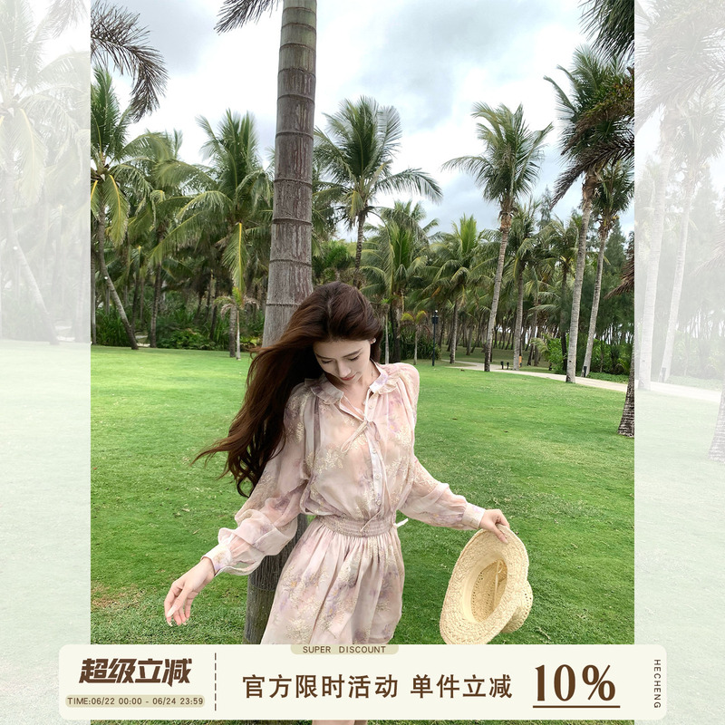 Hecheng Polka Dot Lace-Up Long-Sleeved Chiffon Dress for Women, New Summer Design, Elegant Waist-Cinching A-Line Short Skirt Hecheng Polka Dot Lace-Up Long-Sleeved Chiffon Dress for Women, New Summer Design, Elegant Waist-Cinching A-Line Short Skirt