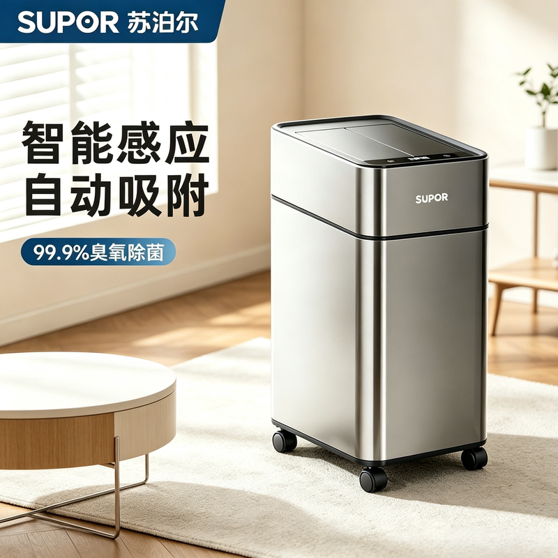 Supor Smart Trash Can, Sensor Trash Can, Stainless Steel, Movable, Automatic Bag Dispensing, Sterilization, Kitchen and Living Room Trash Can
