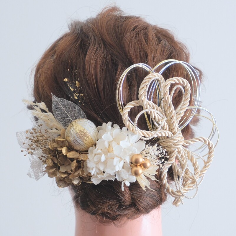 Preserved Flower Headdress, Japanese Style Style Kimono, Yukata, Golden Dried Flower Water, Knotted Leaf Accessories, Headband, Furry Sleeve Flower Hairpin