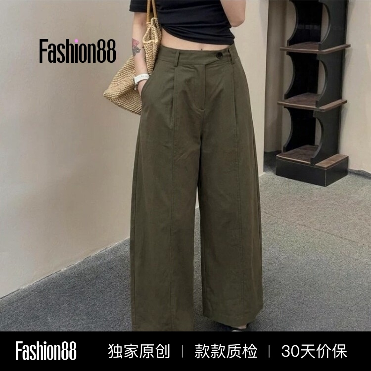 Army Green Women's Summer Thin Work Pants, Korean Style, Relaxed High-Waisted Casual Wide-Leg Cropped Balloon Pants