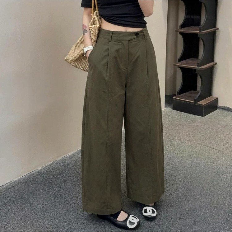 Army Green Women's Summer Thin Work Pants, Korean Style, Relaxed High-Waisted Casual Wide-Leg Cropped Balloon Pants