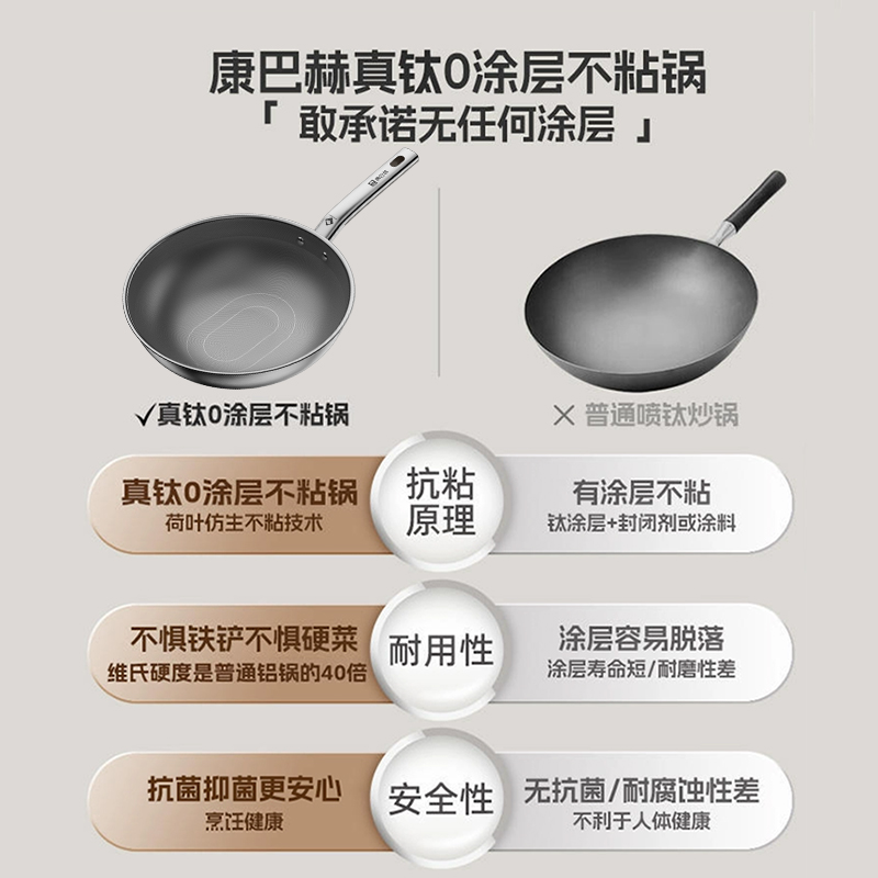 康巴赫真钛0涂层炒锅无涂层家用不粘锅不锈钢炒菜锅