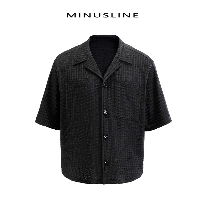 Minusline Wheat Grain Texture Knitted Cardigan Boxy Short Loose Casual Summer Hollow Short-Sleeved Shirt