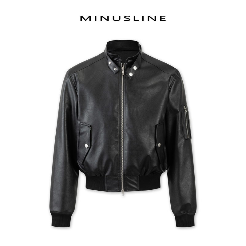 Minusline Stand Collar Biker Fitted Cracked Zipper Pu Leather Short Wide Flight Jacket Retro Regular Shoulder Coat Minusline Stand Collar Biker Fitted Cracked Zipper Pu Leather Short Wide Flight Jacket Retro Regular Shoulder Coat