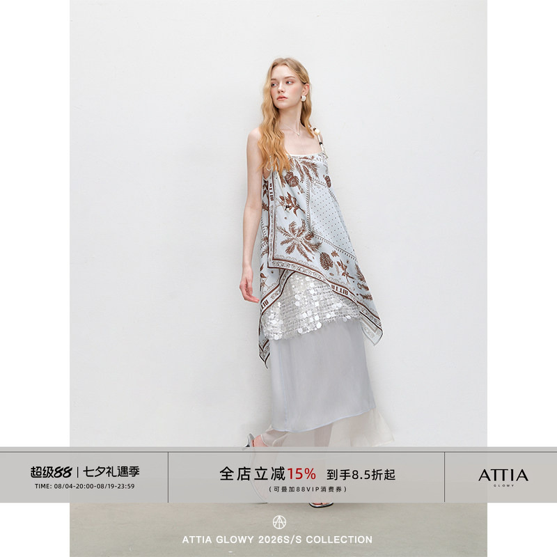Attia Glowy Original Design Printed Silk Scarf Patchwork Suspender Dress Loose Sequin Long Gauze Skirt Attia Glowy Original Design Printed Silk Scarf Patchwork Suspender Dress Loose Sequin Long Gauze Skirt