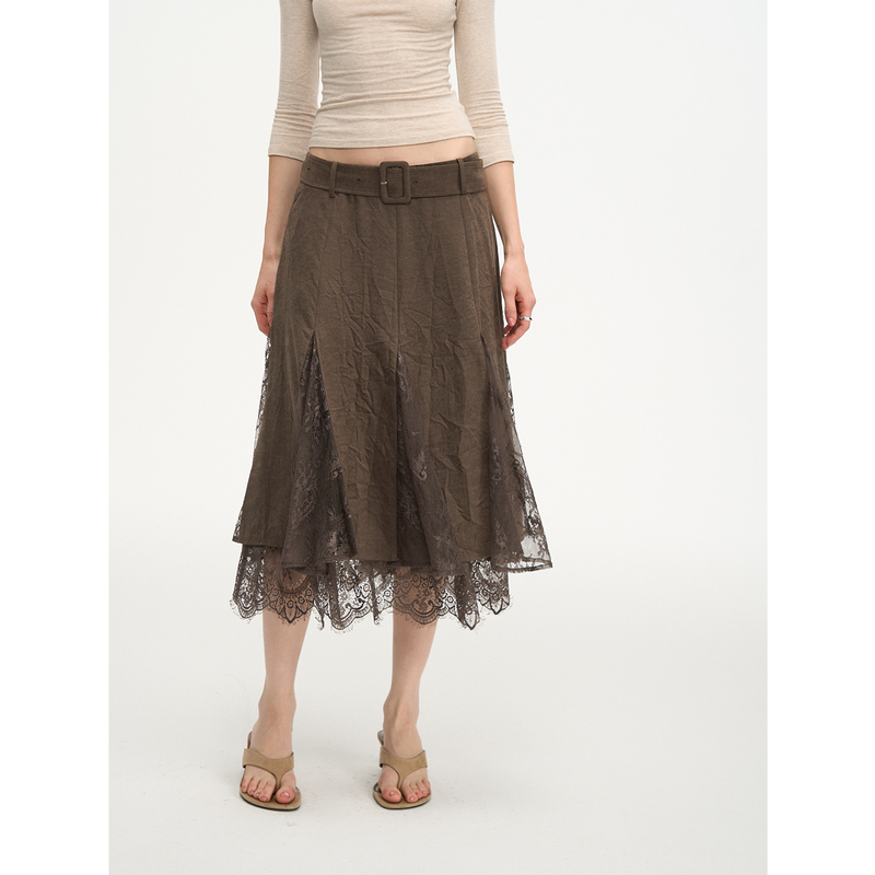 Attia Glowy Suede Pleated Lace Patchwork Skirt Vintage Distressed Layered Belt Mid-Length Skirt
