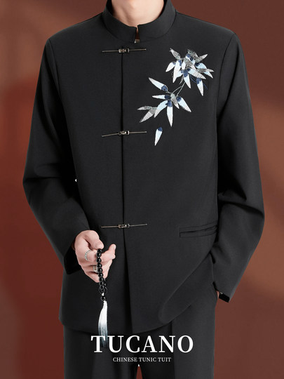 Woodpecker Classical Blue Leaf New Chinese Style Engagement Suit Men's Suit Set Wedding Light Luxury Suit Groom's Dress K