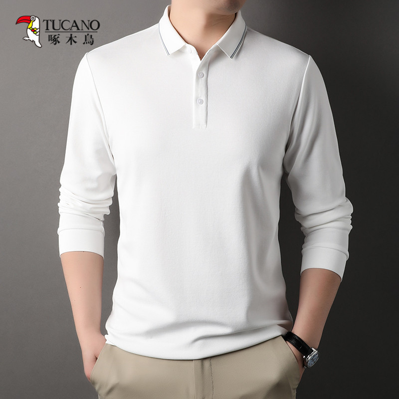 Woodpecker Men's Polo Shirt Spring and Autumn 2026 New White Collared Long-Sleeve T-Shirt Business Casual Base Shirt C