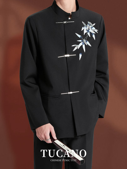 Woodpecker Classical Blue Leaf New Chinese Style Engagement Suit Men's Suit Set Wedding Light Luxury Suit Groom's Dress K