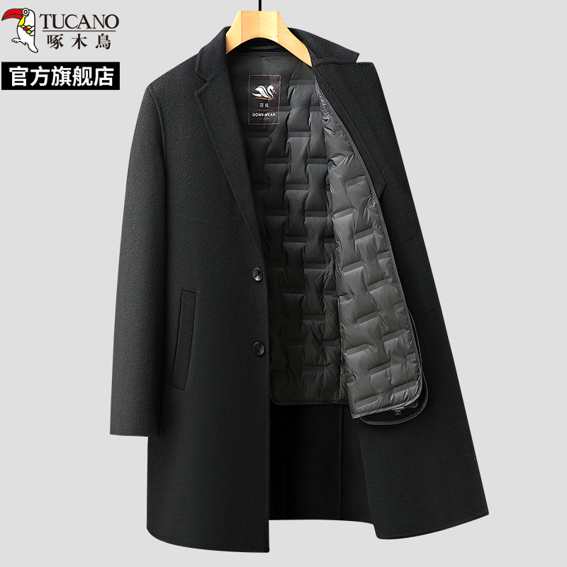 ウッドペッカー両面ウールコートメンズミドル丈2024冬ウール高級ダウンライニングウールコート