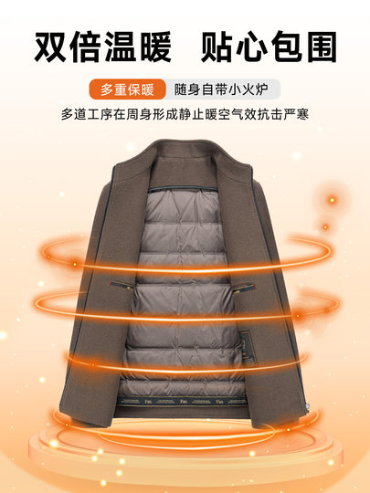 啄木鸟2025冬季新款男士立领90白鹅绒大衣爸爸装保暖毛呢外套男C