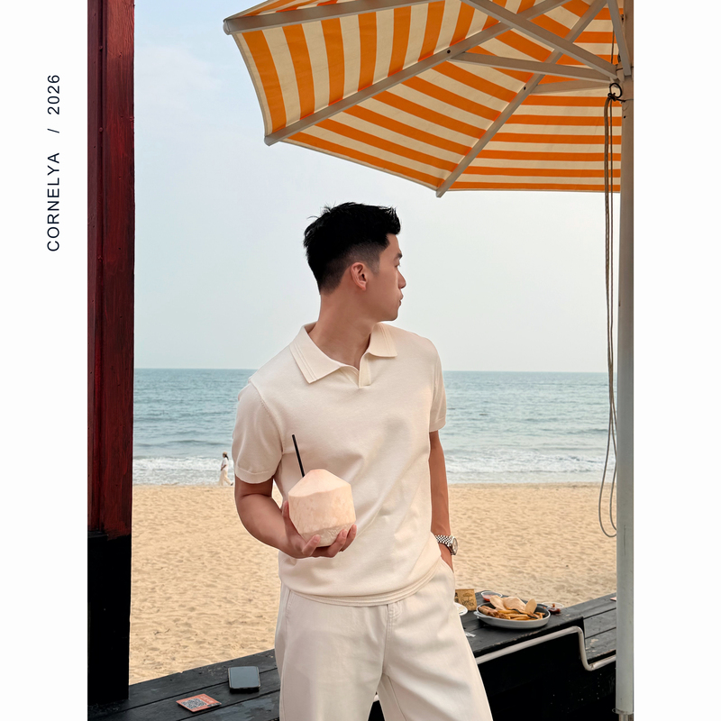 C / Cornelya Leisurely Summer'Cool and Silky Soft Classic Lapel Ribbed Texture Casual Knit Short Sleeve'
