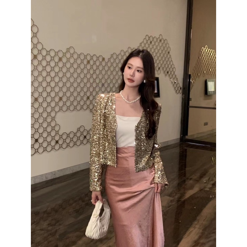 European and American Style Full Sequin Shawl Cardigan Niche Design Long-Sleeved Slim Fit Versatile Sequin Small Outwear Top Trendy